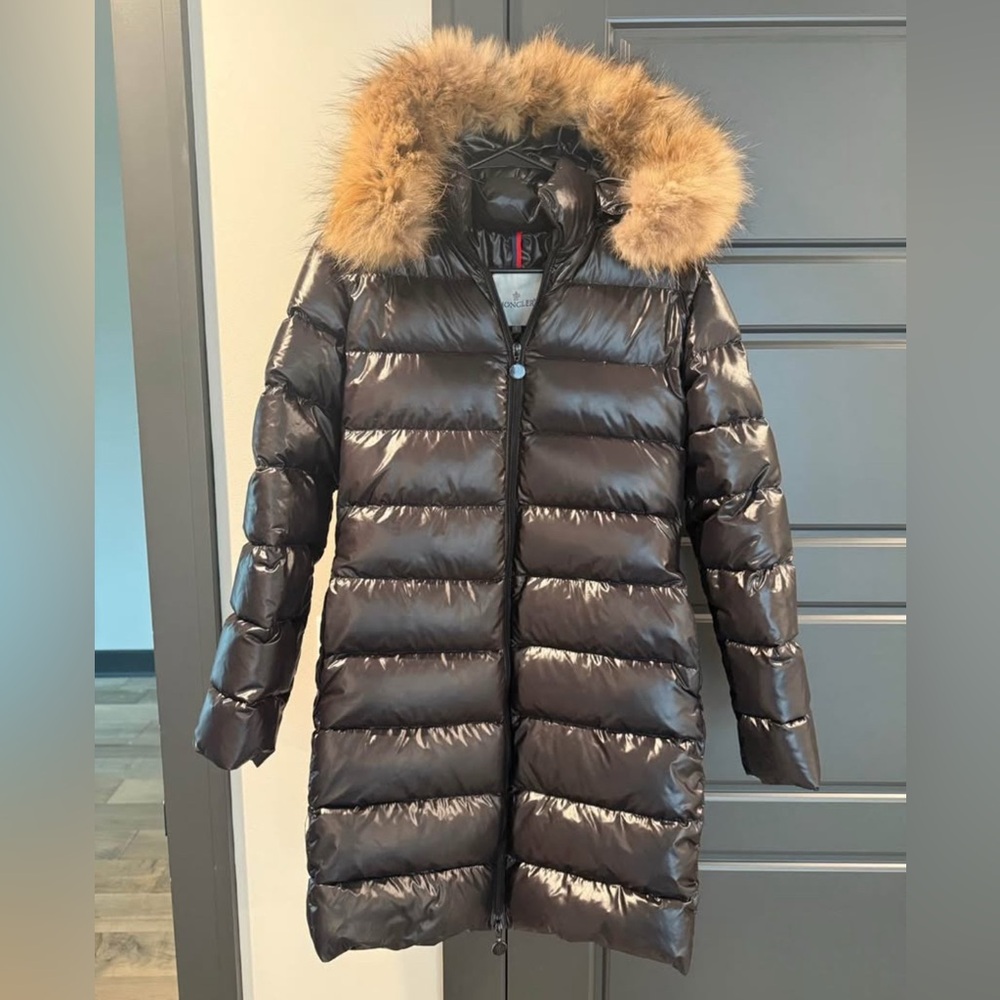 Moncler Shiny Black Down Long Jacket with Fur Trimmed Removable Hood